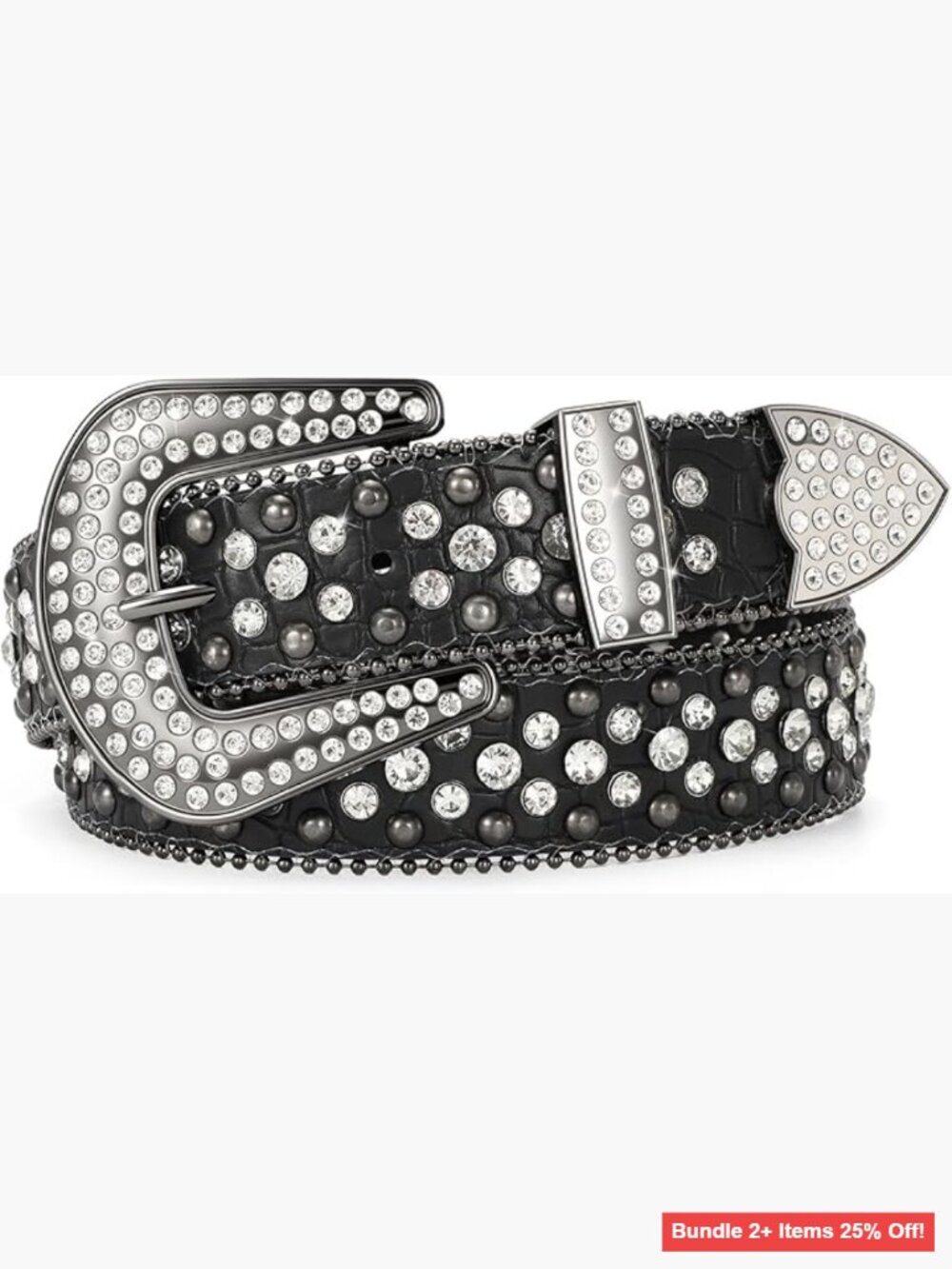 Western Rhinestone Studded Belt Faux Crocodile Leather Adjustable Size XL